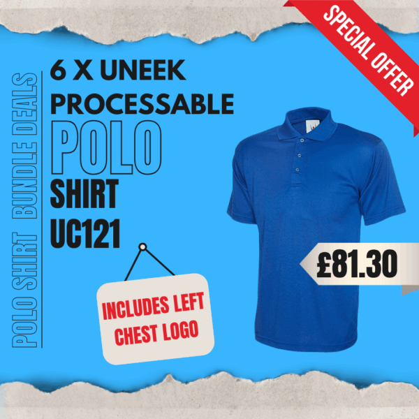 Uneek Processable Polo Shirt UC121 Bundle Pack of 6